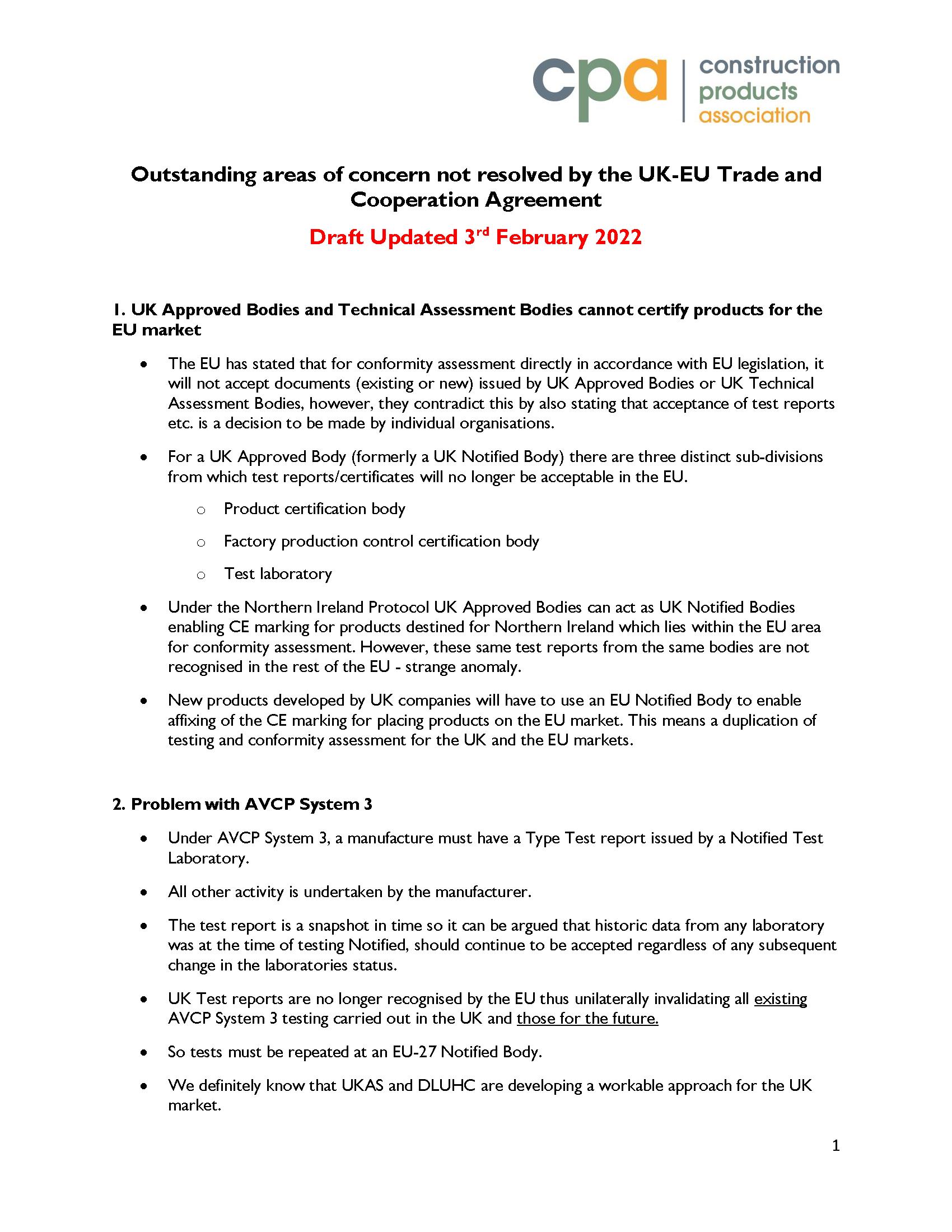 Outstanding area of concern not resolved by the UK-EU Trade and Cooperation Agreement