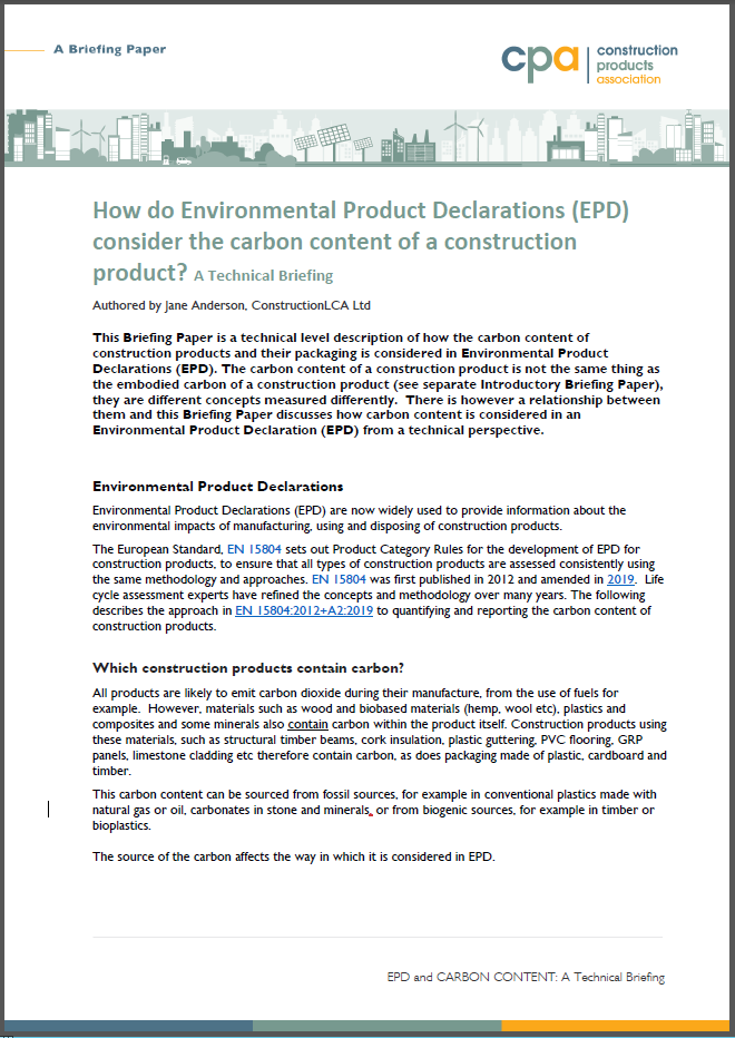 How do Environmental Product Declarations (EPD) consider the carbon content of a construction product? A Technical Briefing