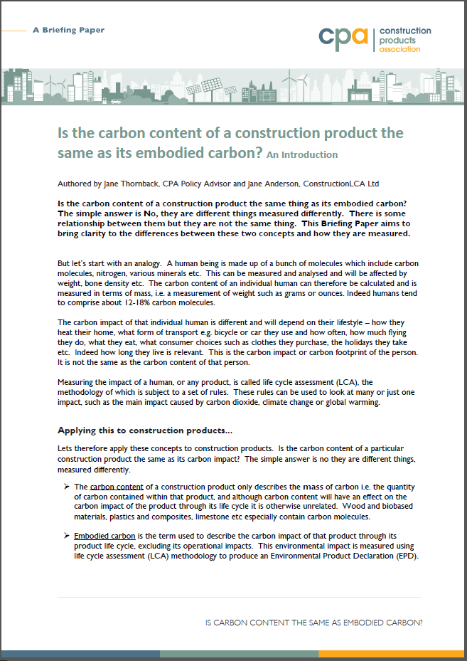 Is the carbon content of a construction product the same as its embodied carbon? An Introduction